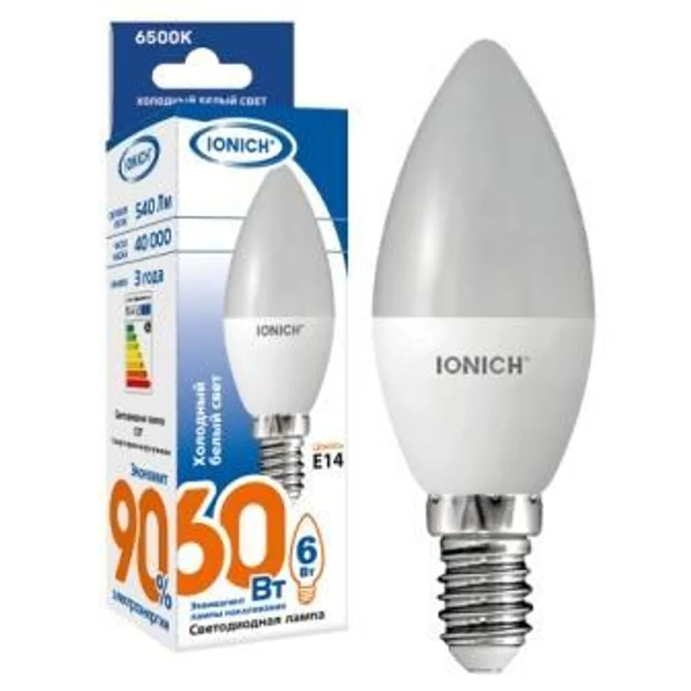 Лампа светодиодная свеча C37 6Вт 6500К Е14 IONICH