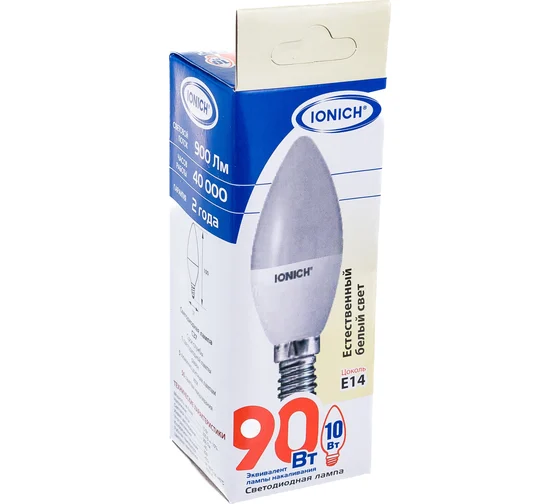 Лампа светодиодная свеча C37 10Вт 4000К Е14 IONICH